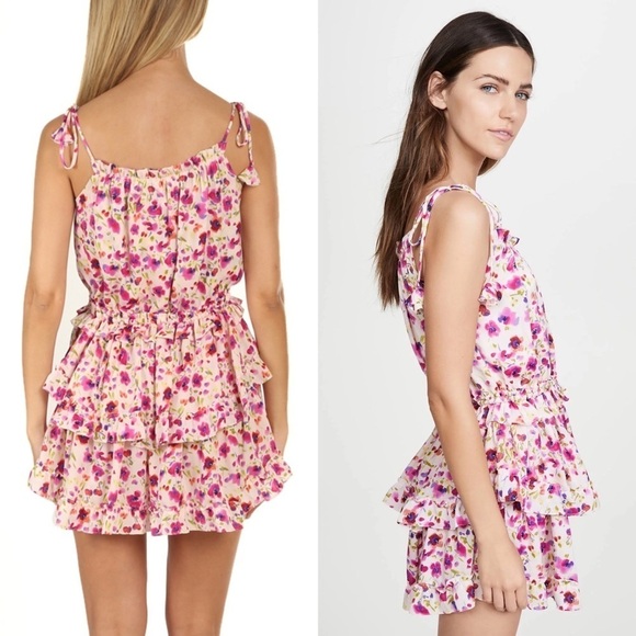 MISA LOS ANGELES Floral Sleeveless Tie Strap Smocked Ruffle Tier Mini Dress‎ L - Picture 4 of 10